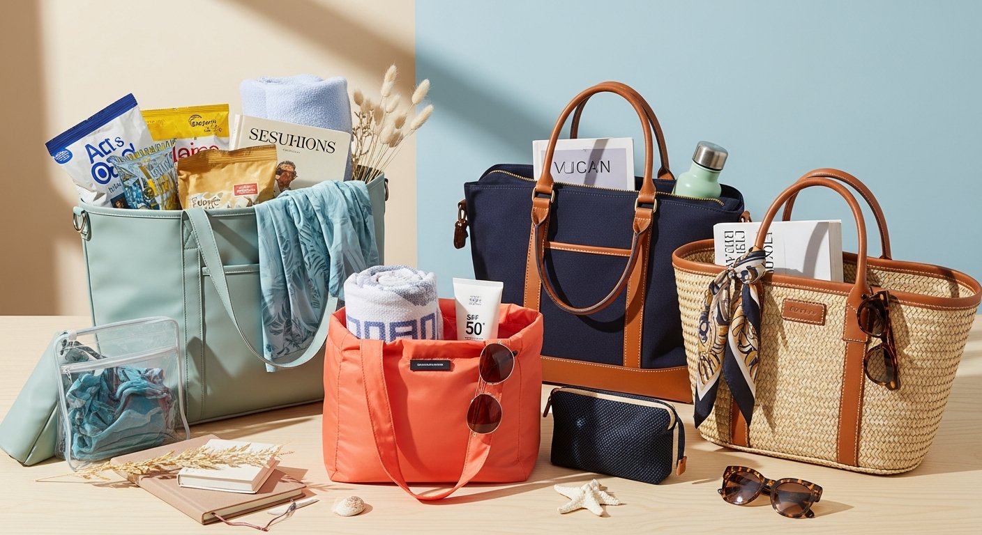 Travel-ready beach bags compared with essentials in a clean resort setting.