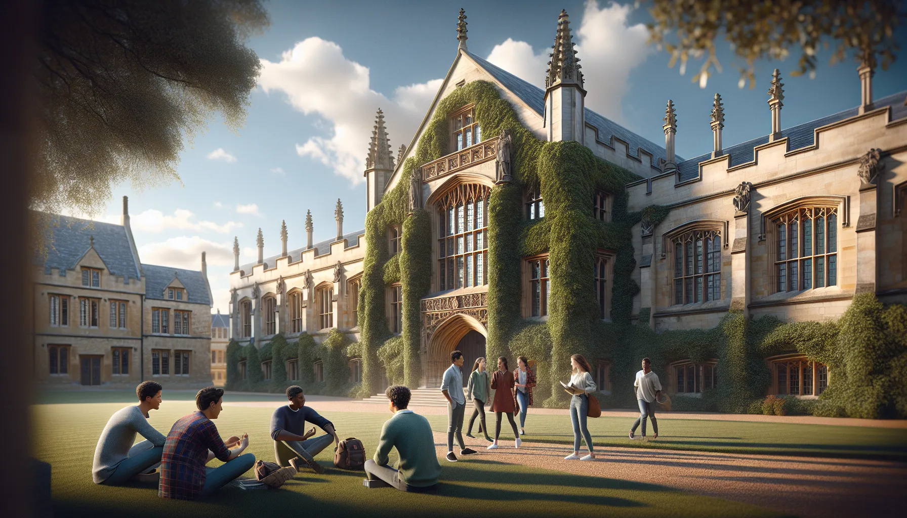 students discussing Oxford and Cambridge's historical origins in a sunny courtyard.