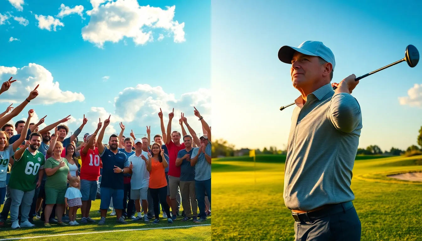 excited fans at a football game beside a golfer swinging on a golf course.