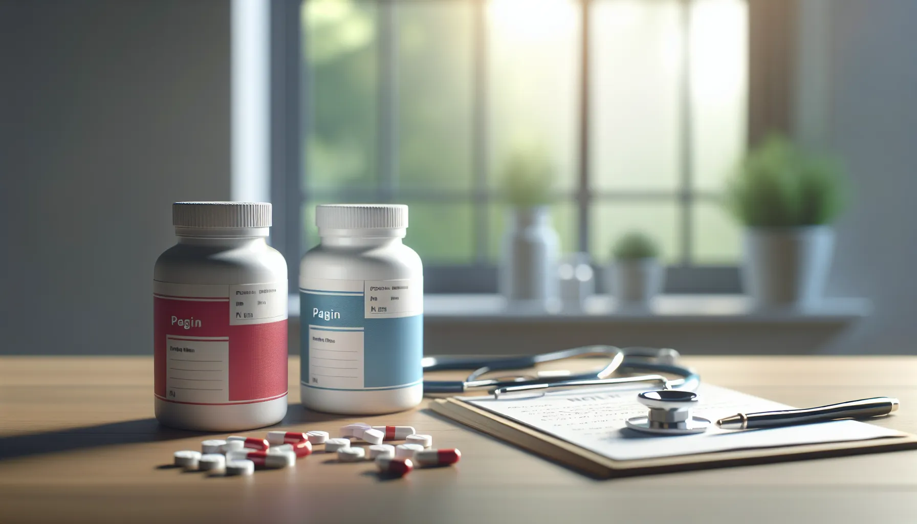 Advil and Aleve pill bottles on a table with a stethoscope.