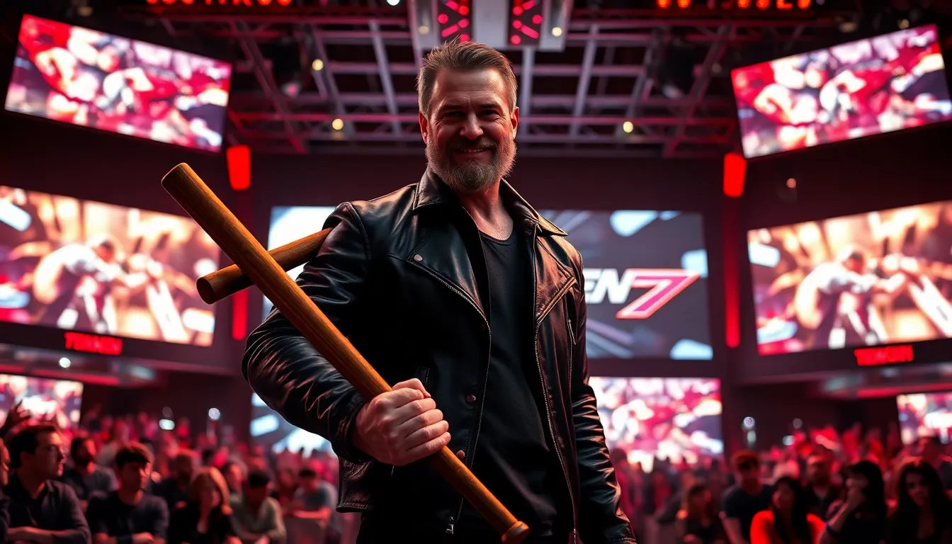 Negan character in a dynamic gaming arena, holding his iconic bat.