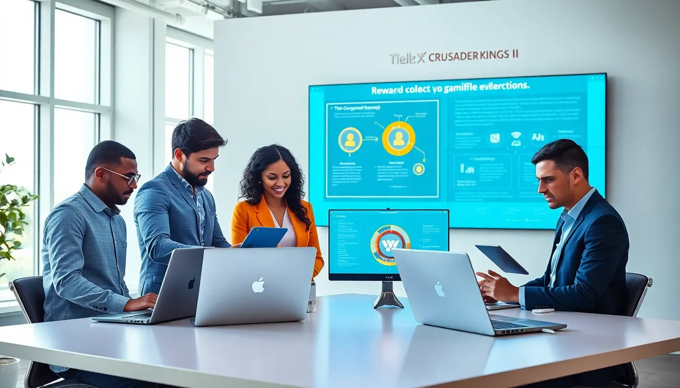 diverse team discussing gaming rewards strategies in a modern office.