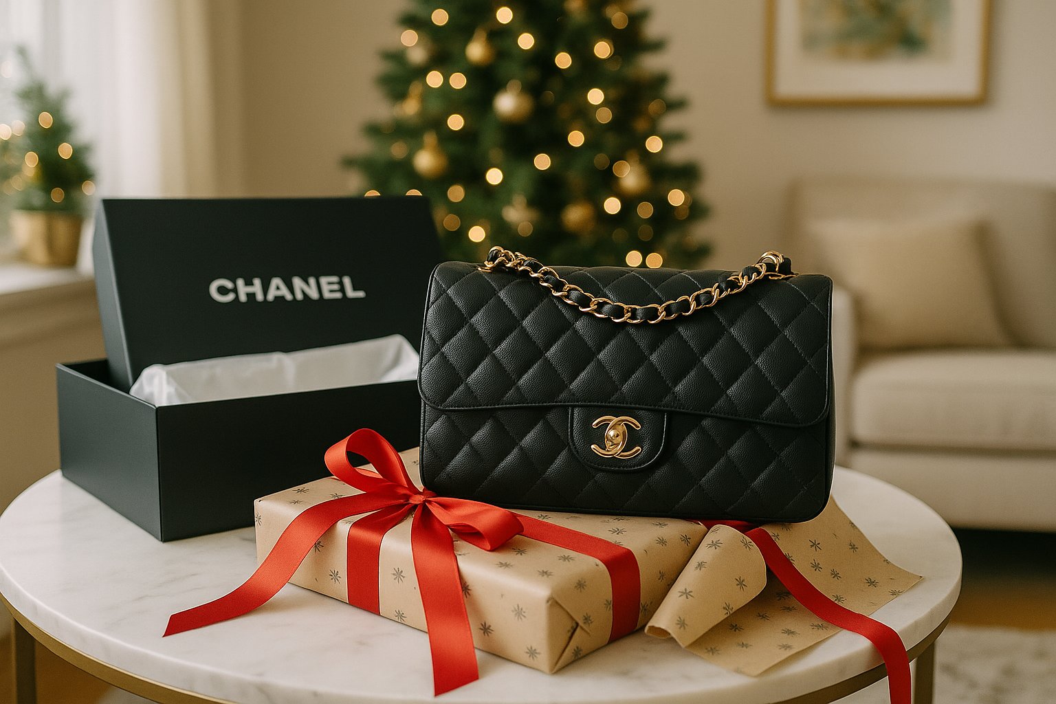 Chanel Flap Bag in festive holiday setting on marble table.
