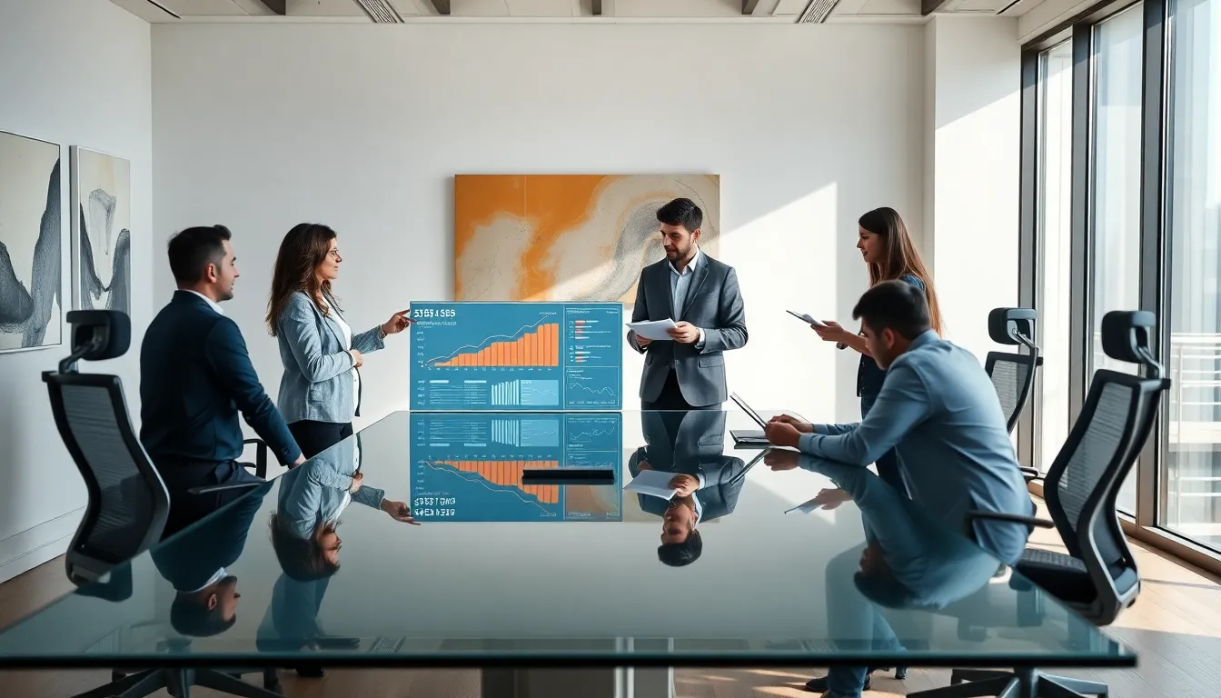diverse professionals discussing data in a modern office.