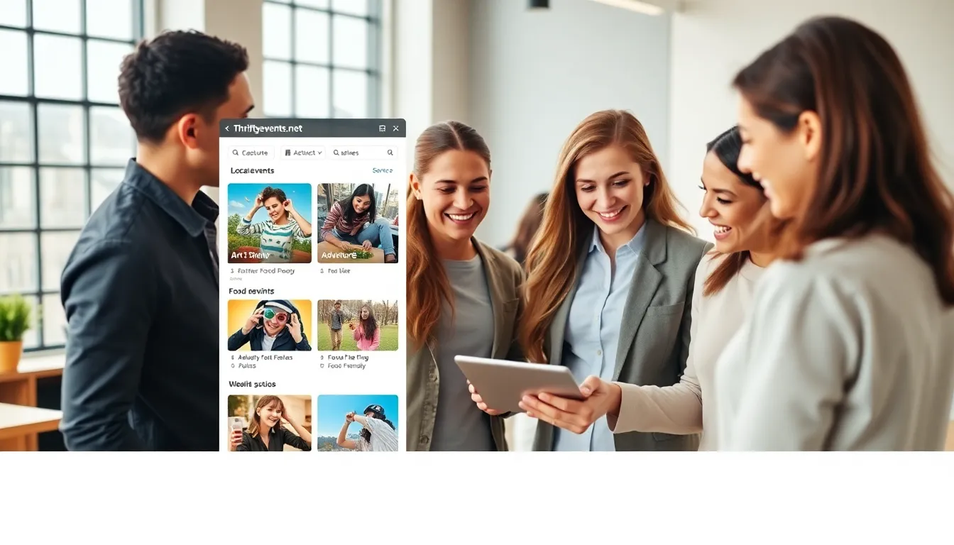 Diverse group discussing local events on a modern tablet.