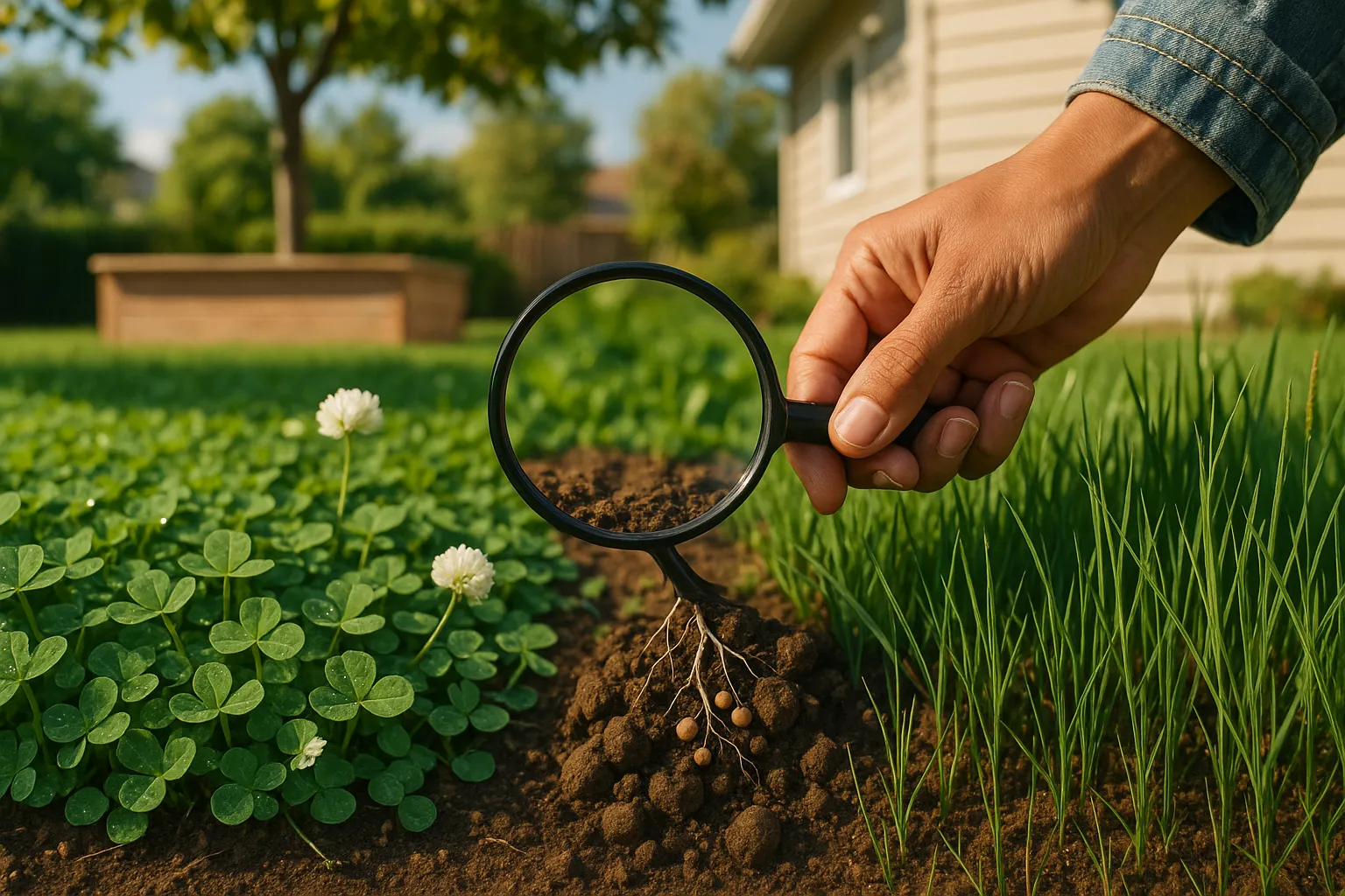 Close-up split lawn showing micro-clover mat with white blooms beside upright turf grass.