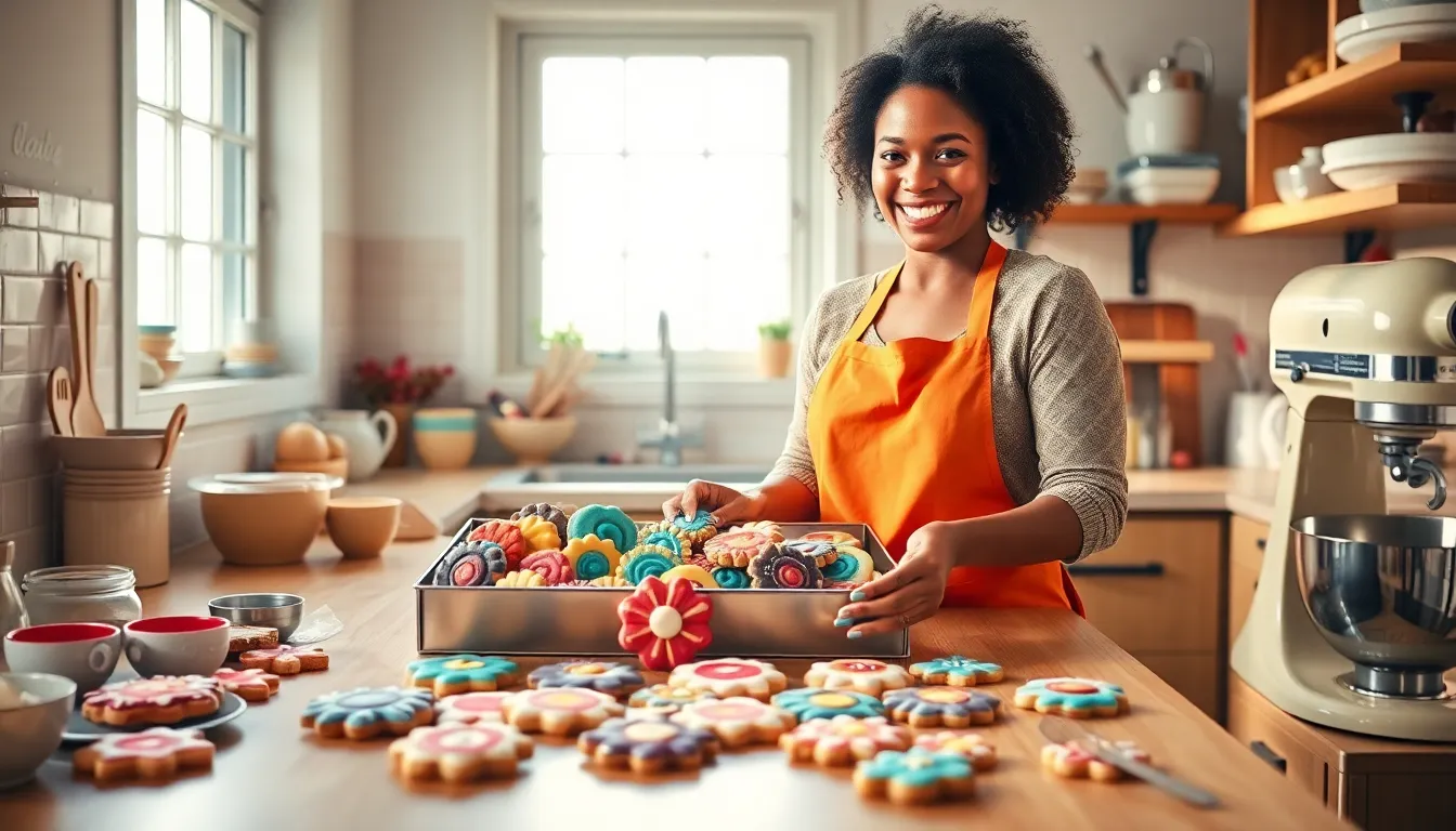 baker arranging colorful cookies in a cozy kitchen.