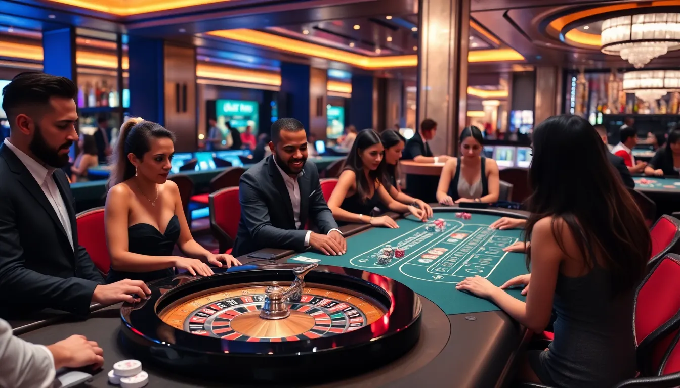 diverse players at a casino table interacting with dealers.