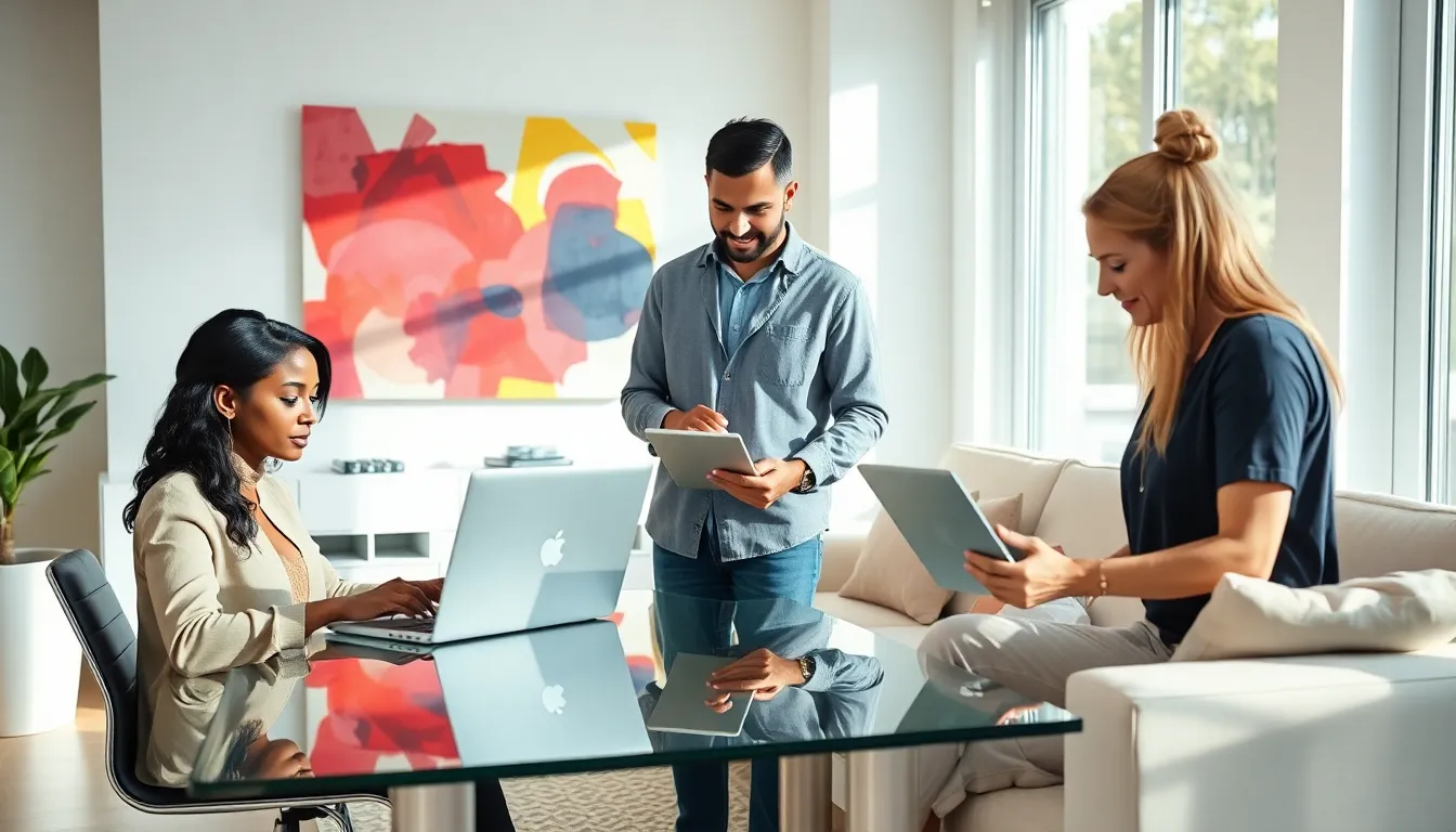 diverse professionals collaborating in a modern home office setting.