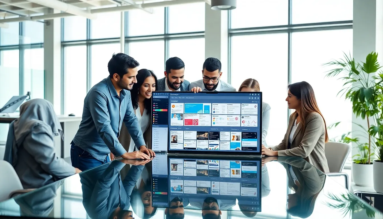 diverse professionals collaborating over digital resources in a modern office.