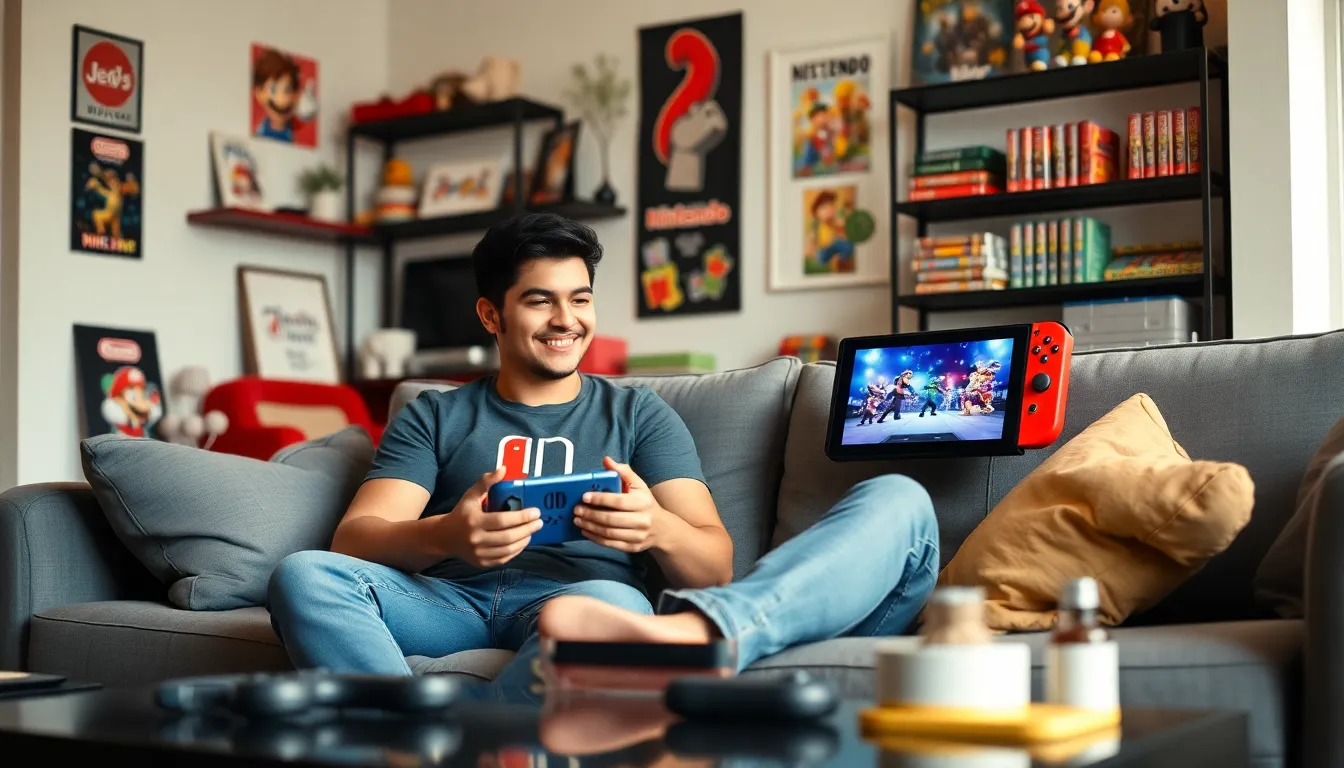 A gamer playing Nintendo Switch in a cozy living room filled with gadgets.