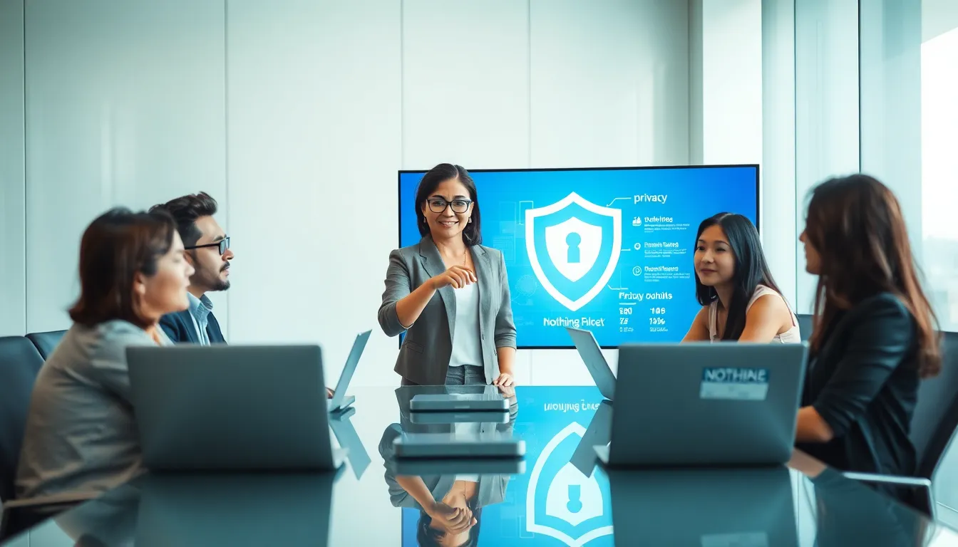 diverse team discussing online privacy in a modern office.