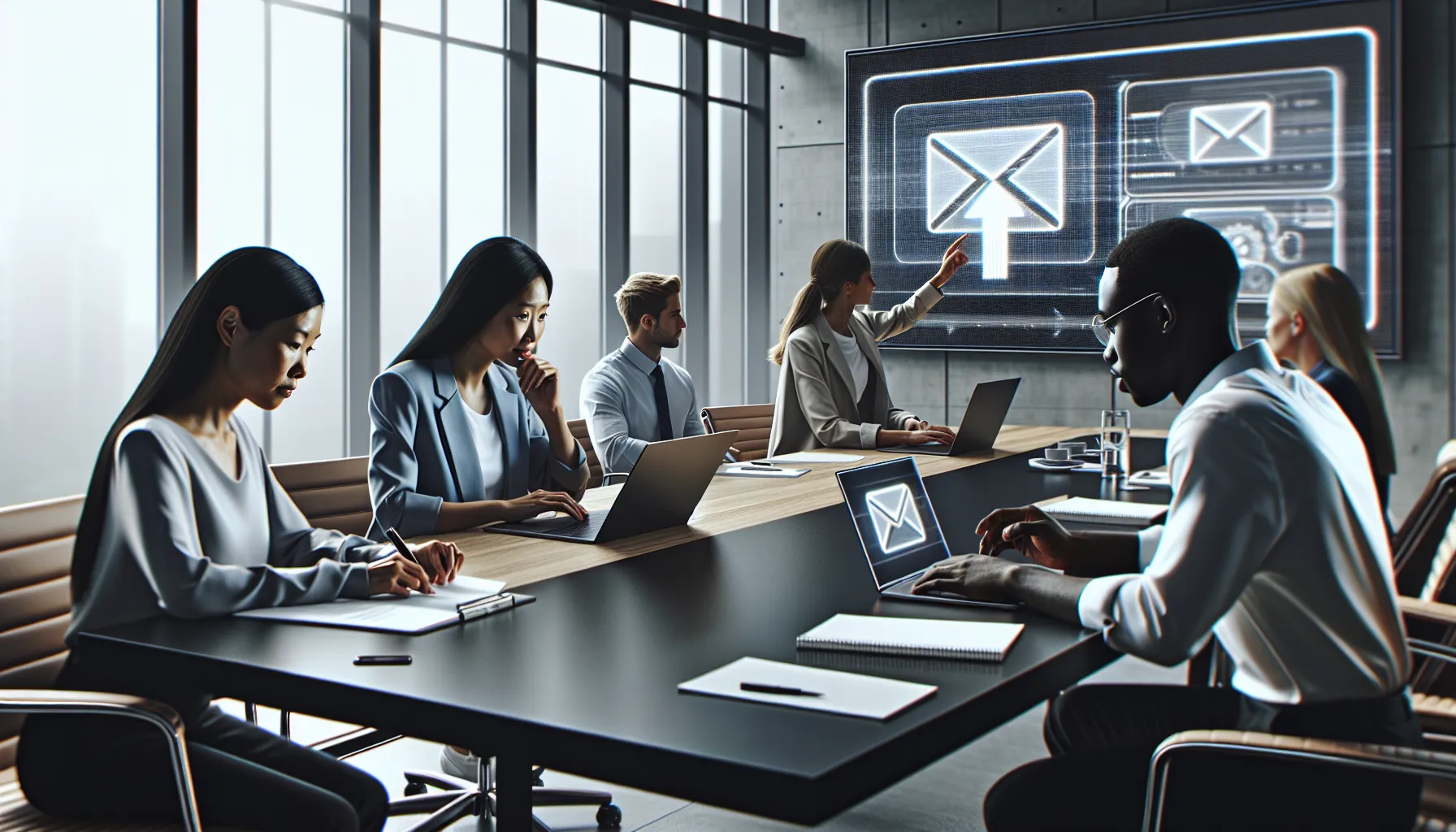 diverse team drafting emails in a modern office.