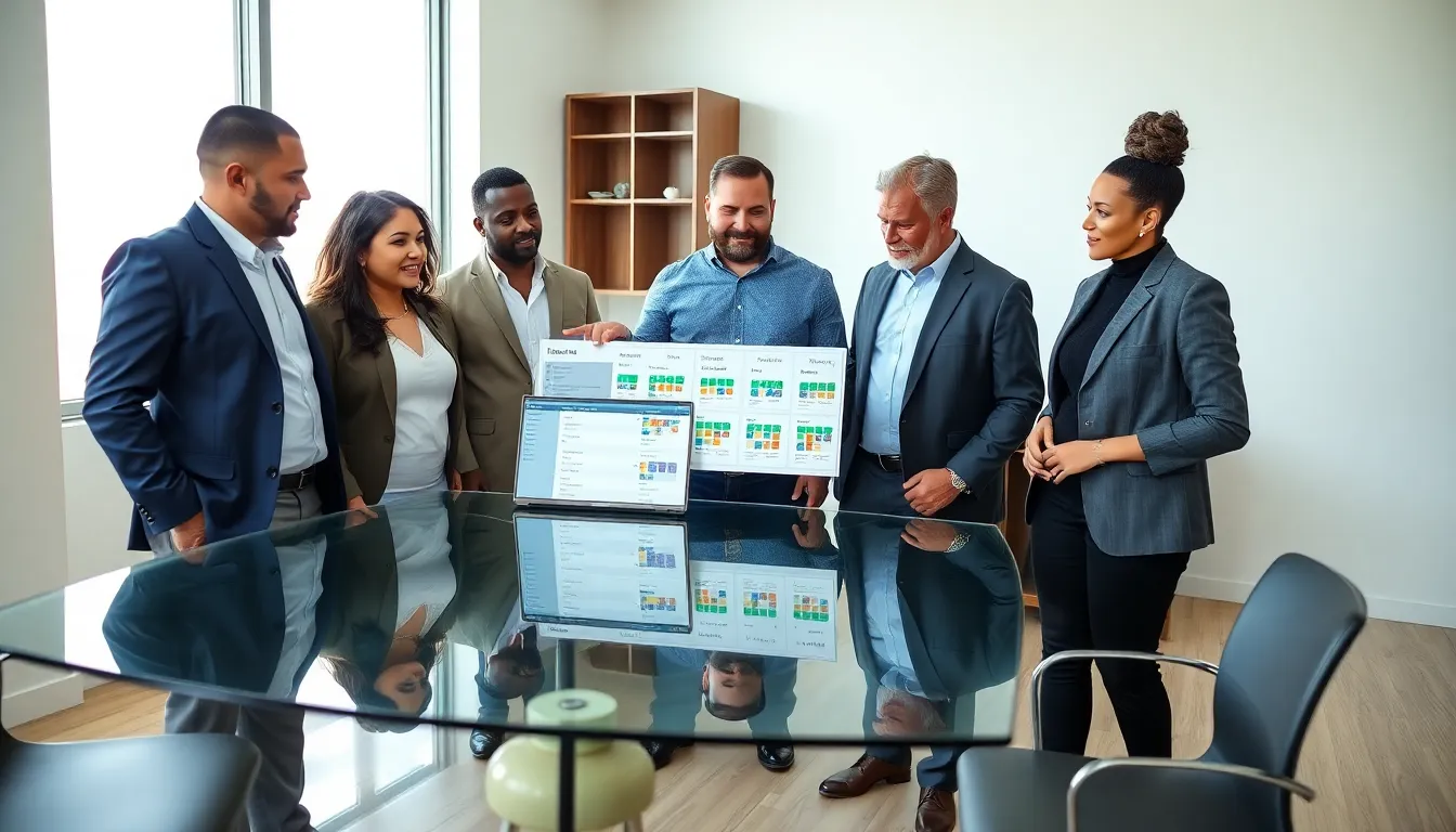 diverse team discussing affordable junk removal services in a modern office.