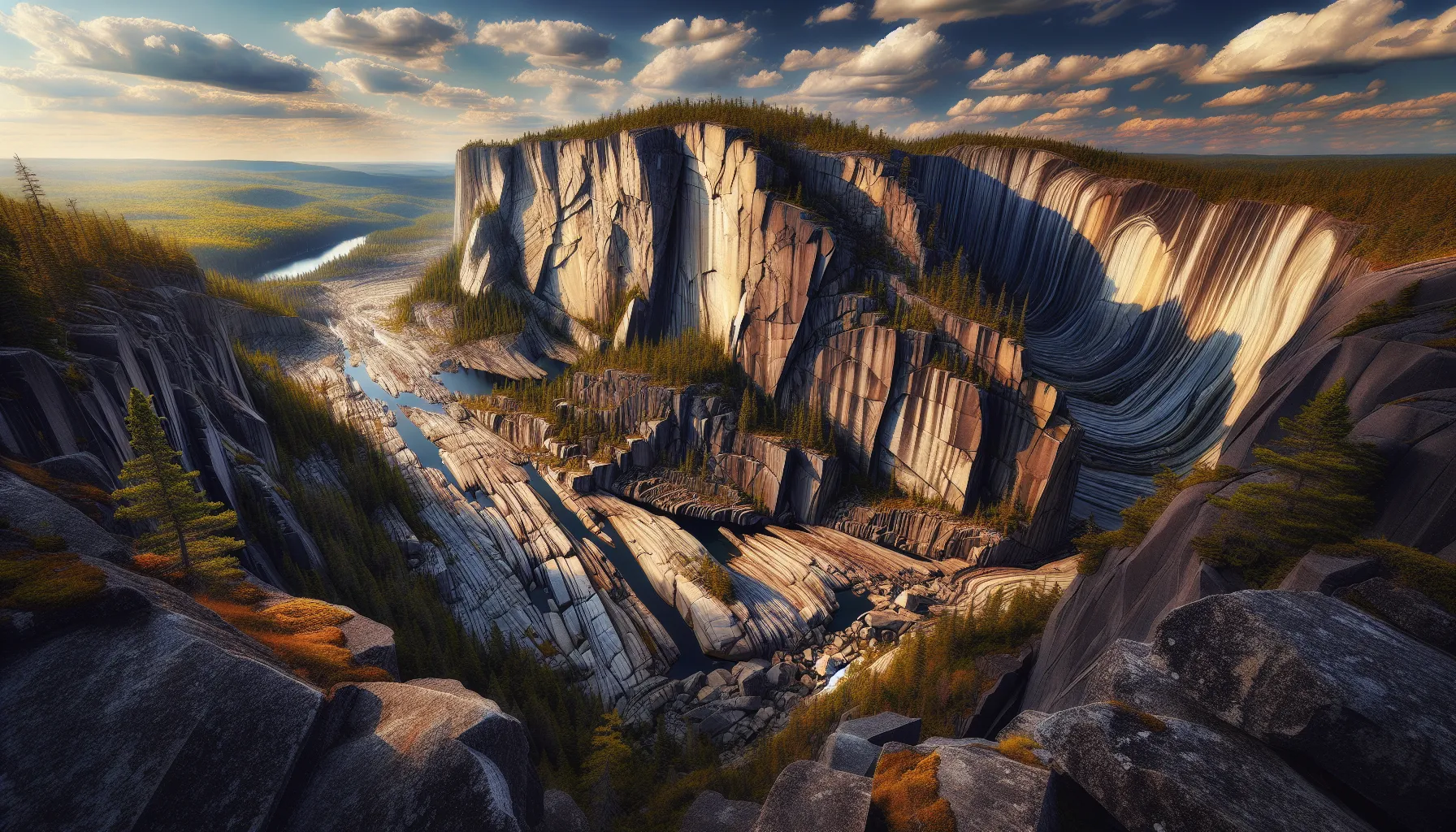 ancient rocks and sediments of the Canadian Shield under a blue sky.