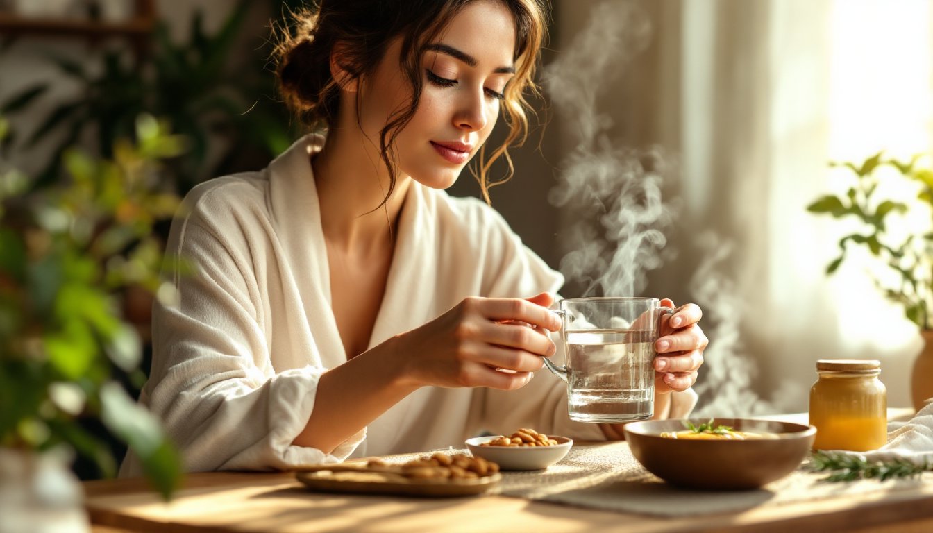 A woman pouring warm water from a thermos beside soaked almonds and lentil soup in sunlight.