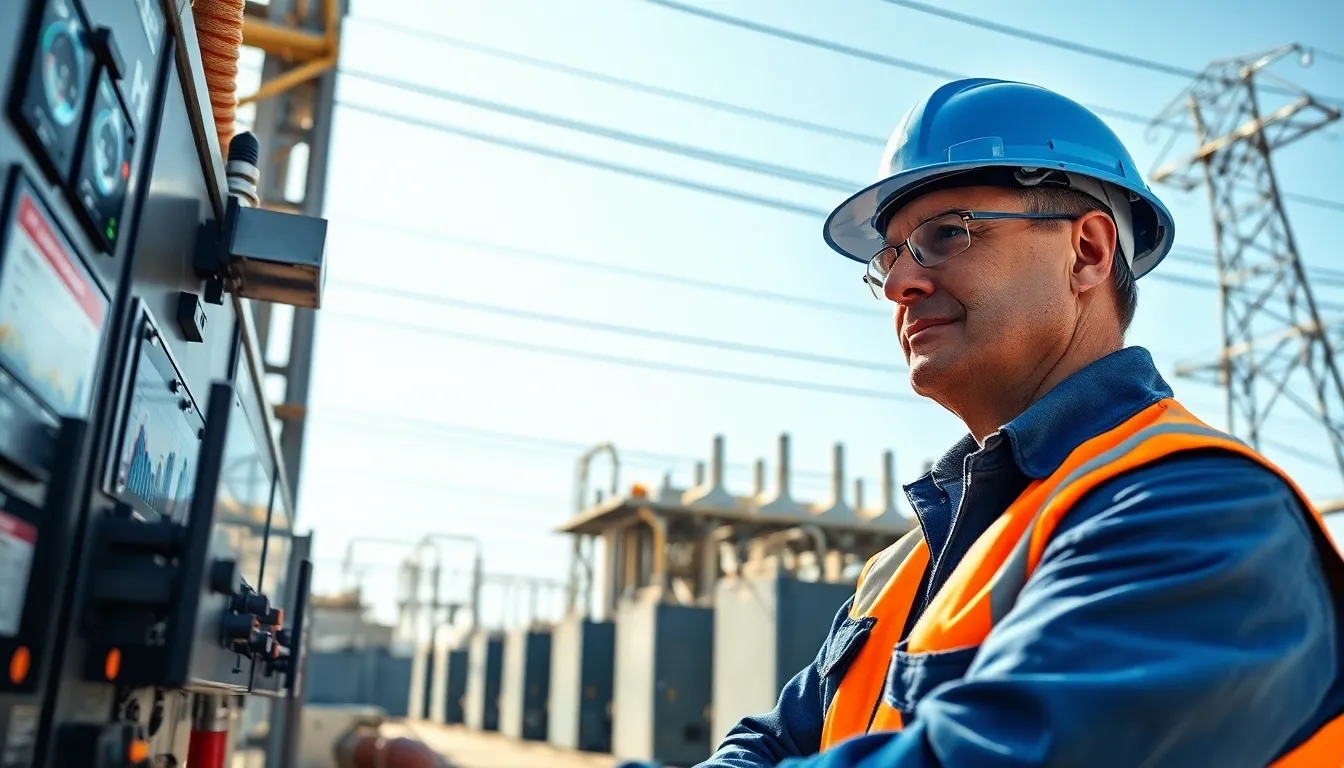 an engineer inspecting power management equipment in an industrial facility.