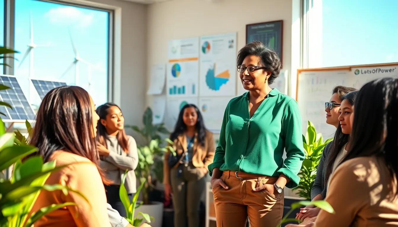 Peggy L. Carlton discussing renewable energy with young interns in her office.