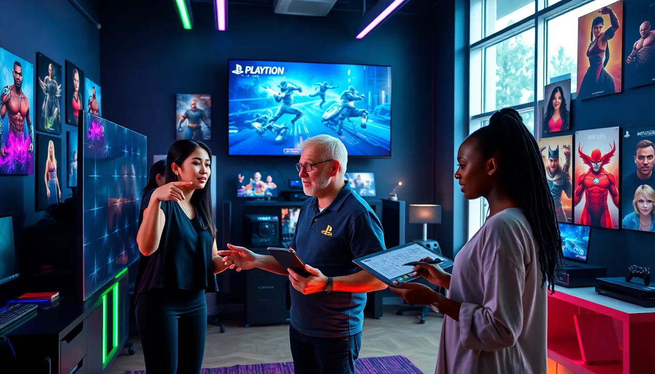 a diverse team of game developers collaborating in a modern studio.