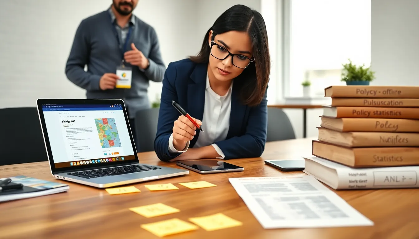 Project manager pointing at API docs on laptop with books and consultant nearby.