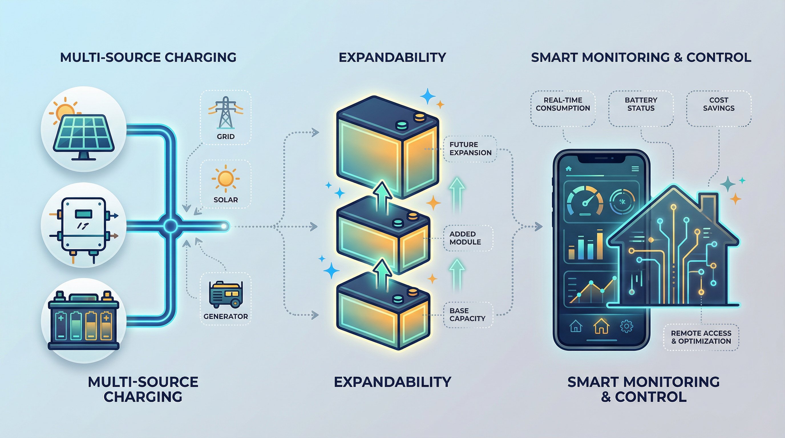 Process flow infographic showing solar battery system integration, expandability, and smart control stages.
