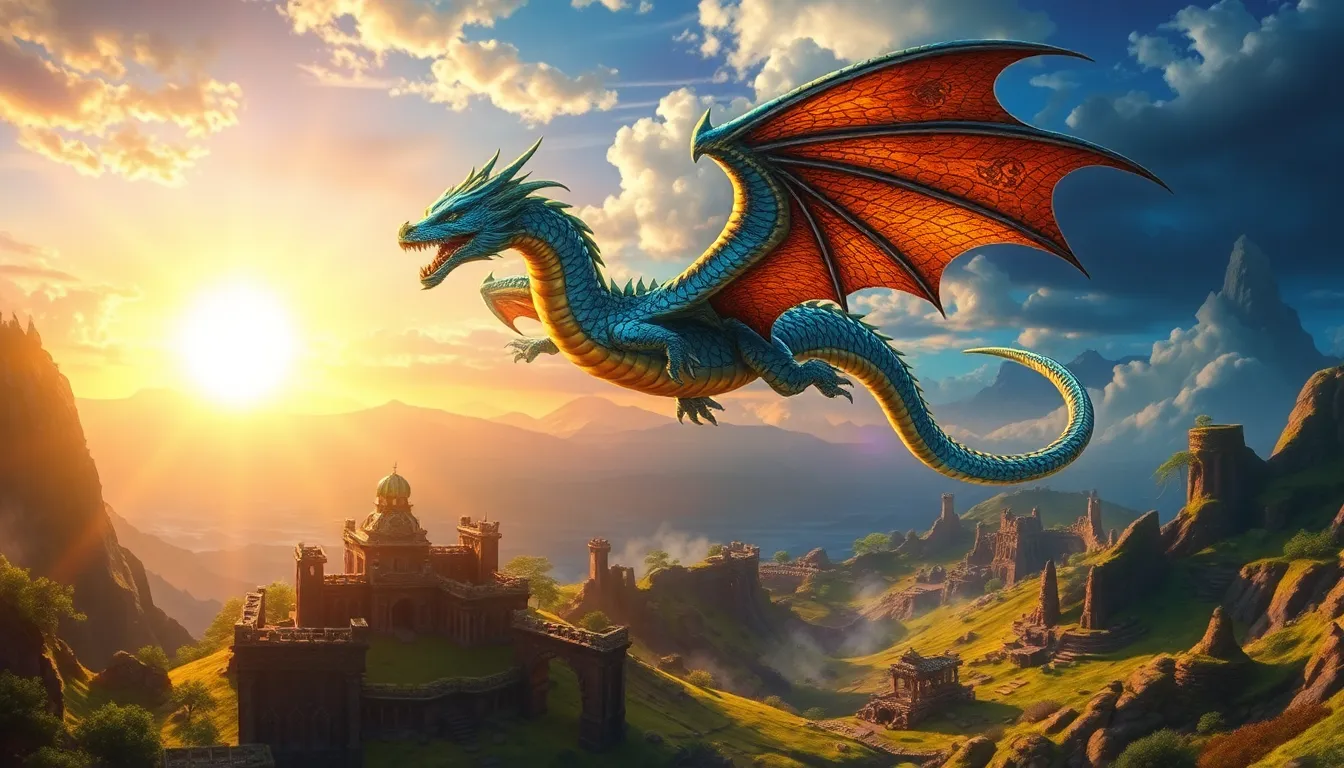 A majestic dragon soaring over a vibrant fantasy landscape.