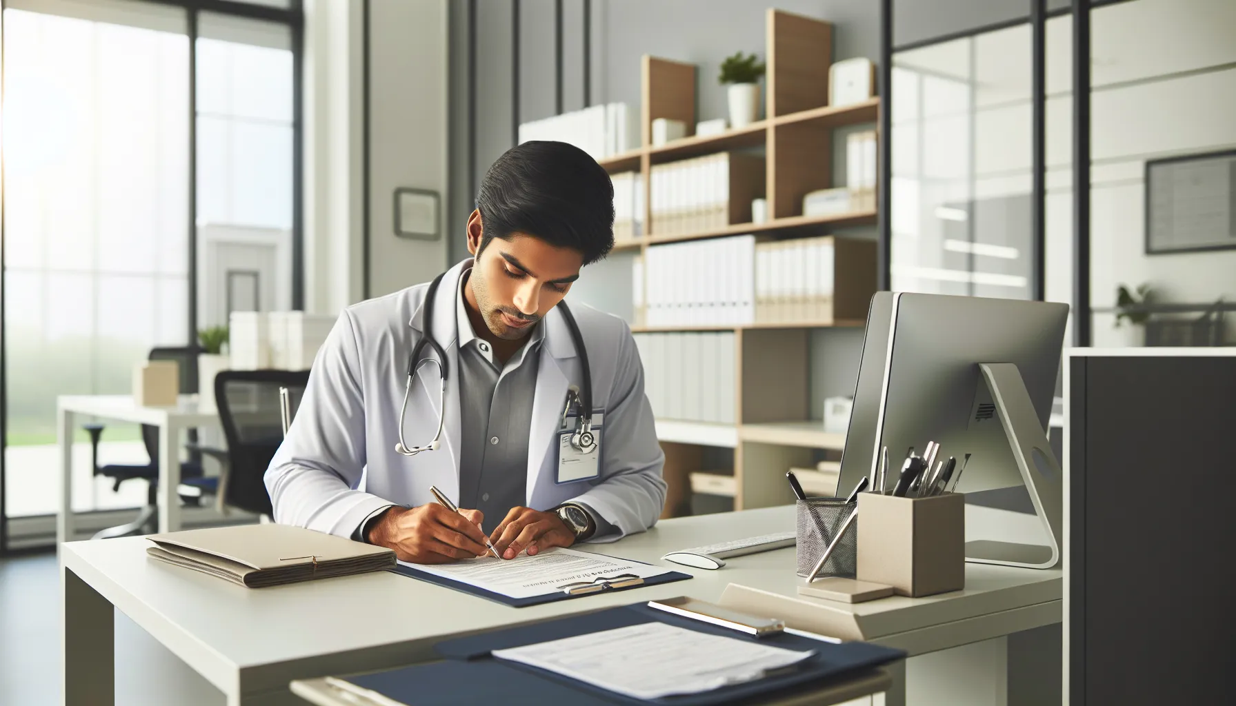 Croatian medical professional completing official death certificate form in modern office