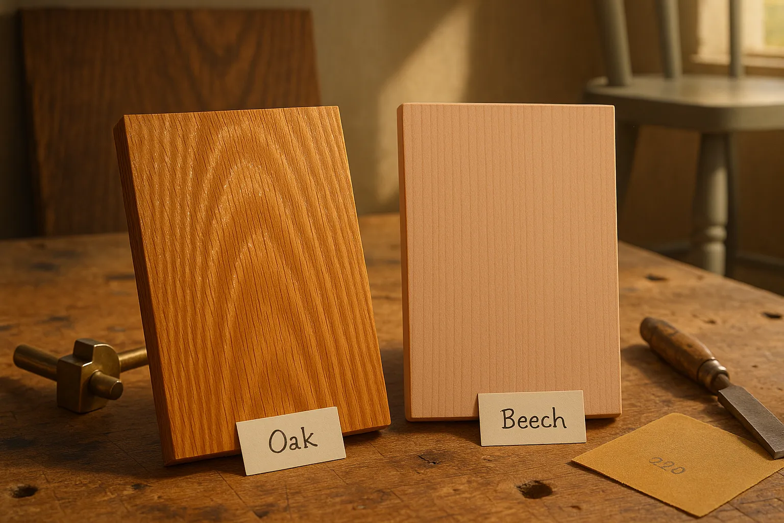 Close-up of oak and beech wood samples side-by-side on a bench.