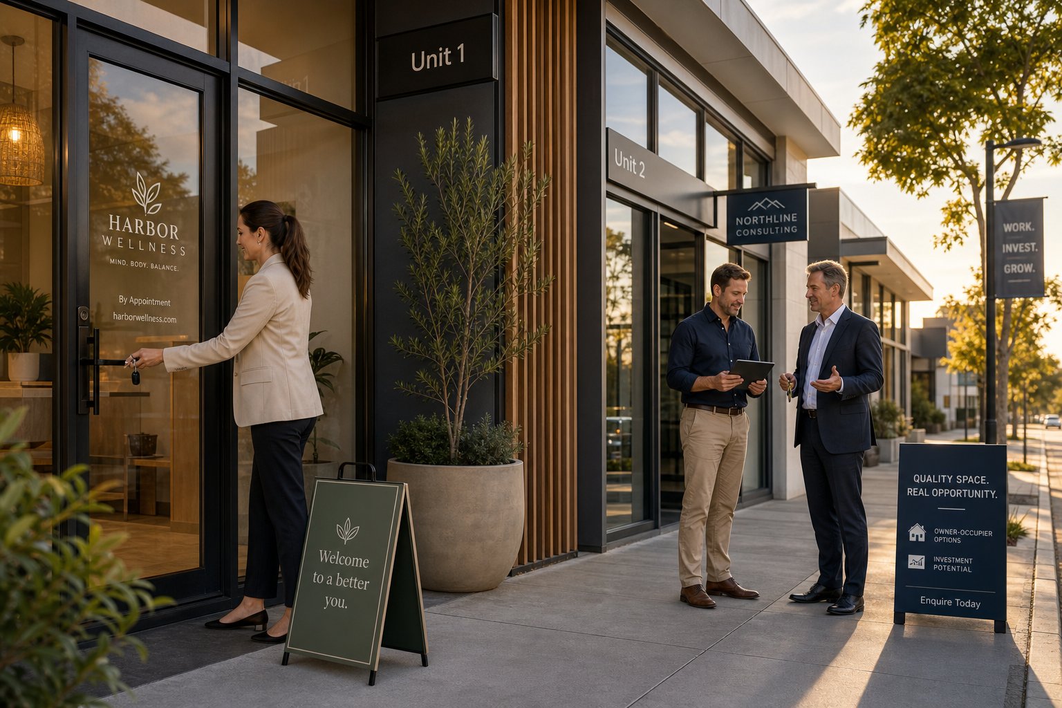 Owner entering a shopfront while another professional reviews a commercial property with an adviser nearby.