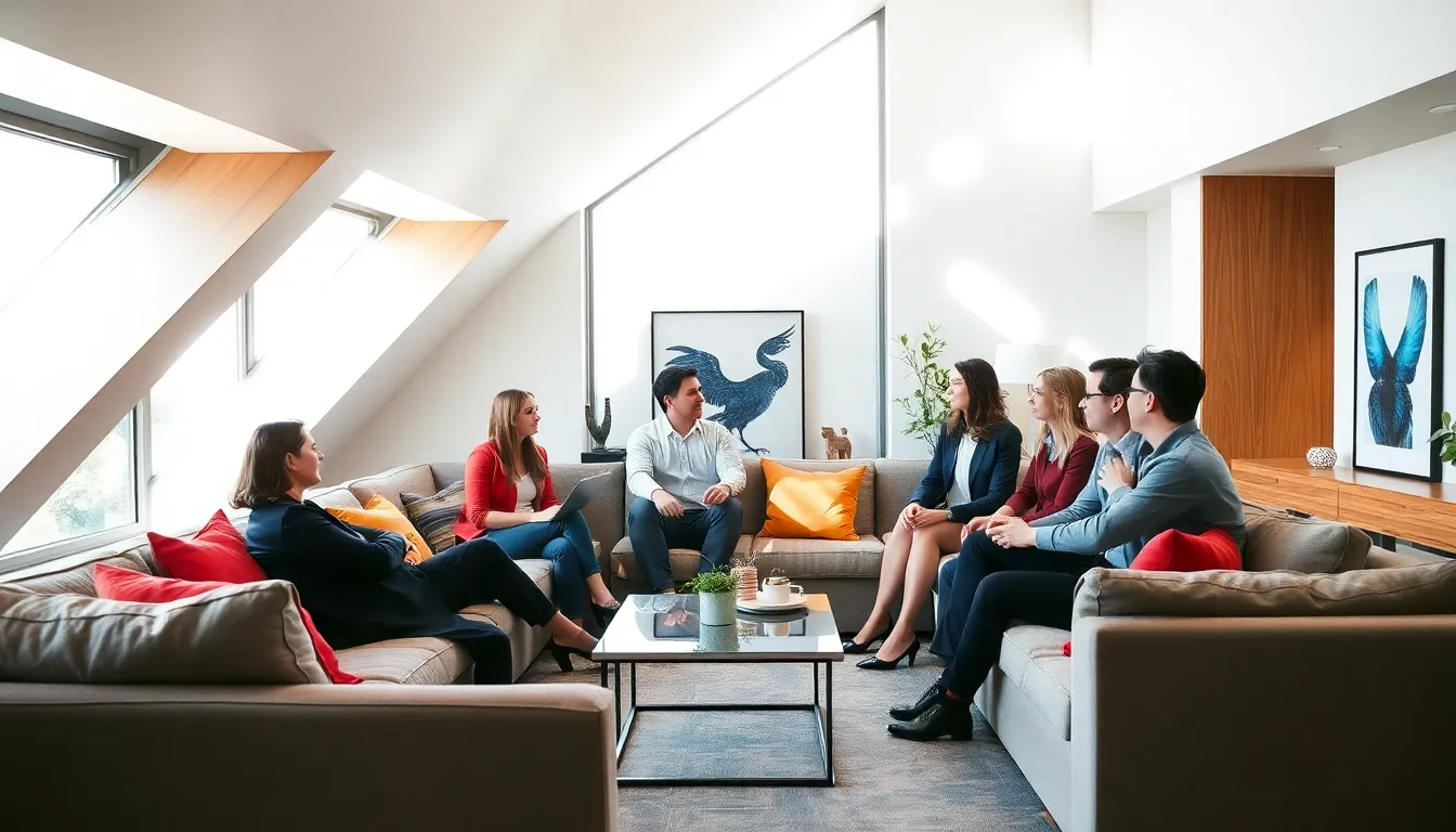 a modern sunken living room with a group discussing comfortably.