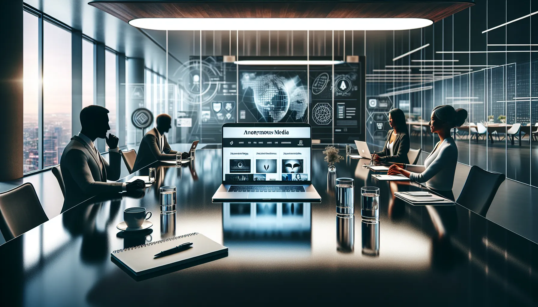 professionals discussing digital media in a modern office setting.