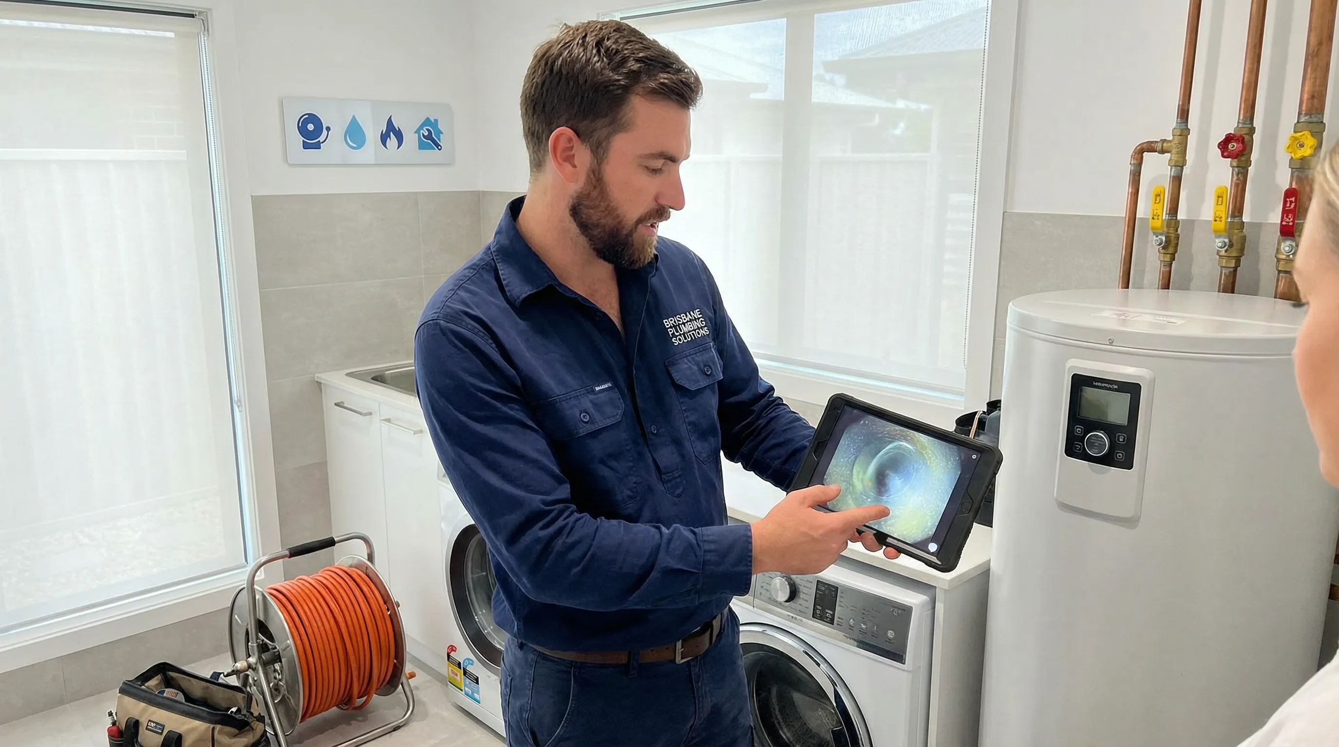 Licensed Brisbane plumber using CCTV drain camera and tools in a modern home.