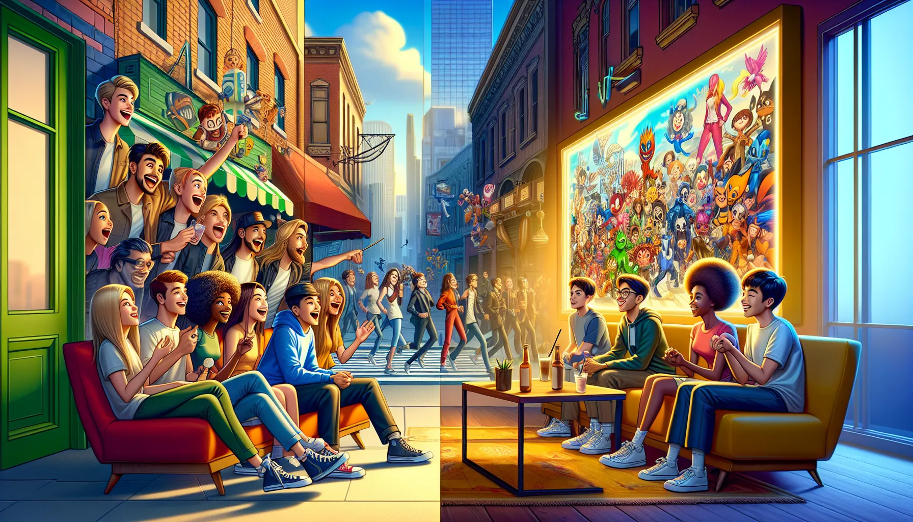 a diverse group discussing cartoons with anime on a TV in the background.