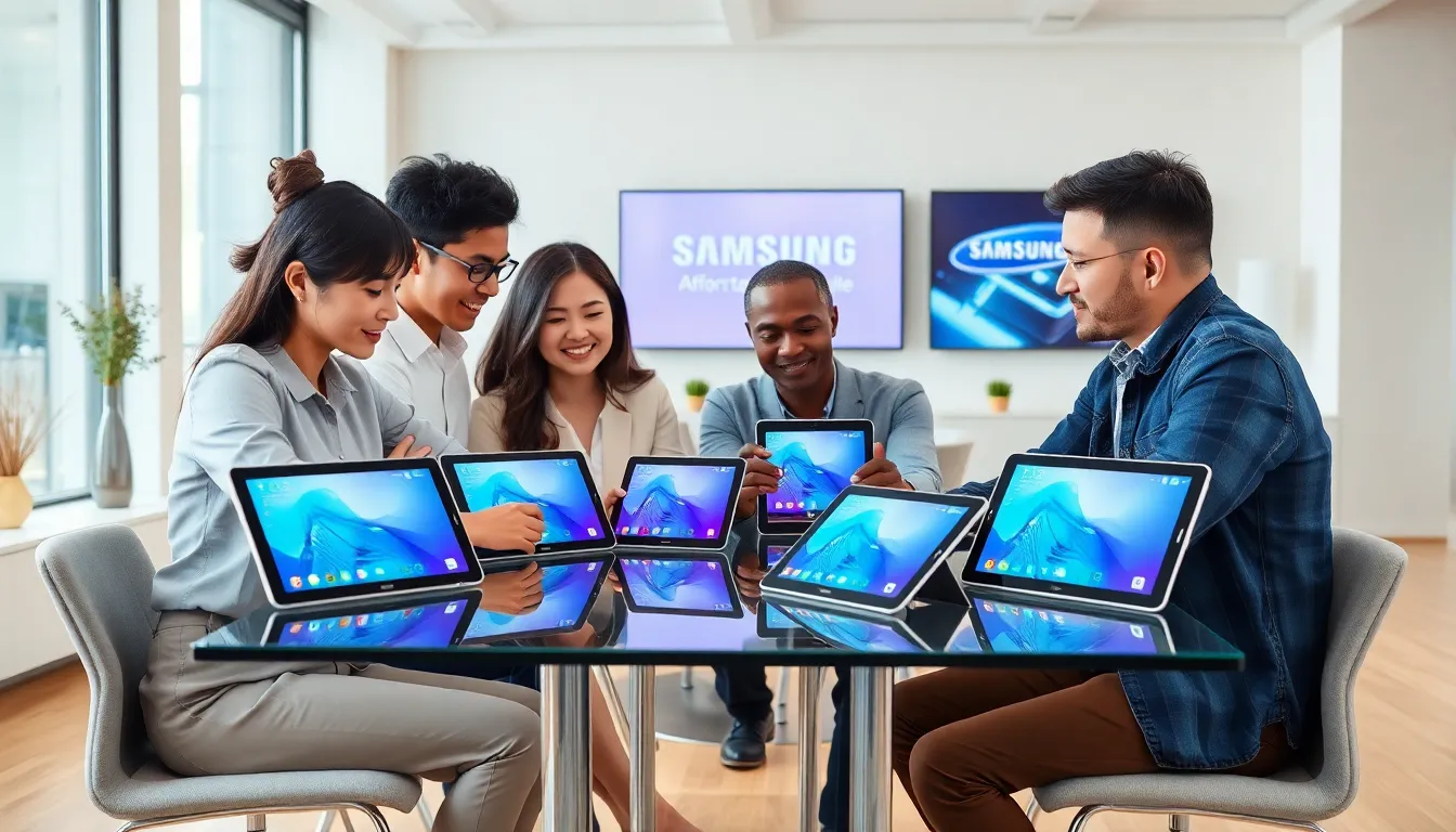 diverse team discussing Samsung tablets in a modern office.