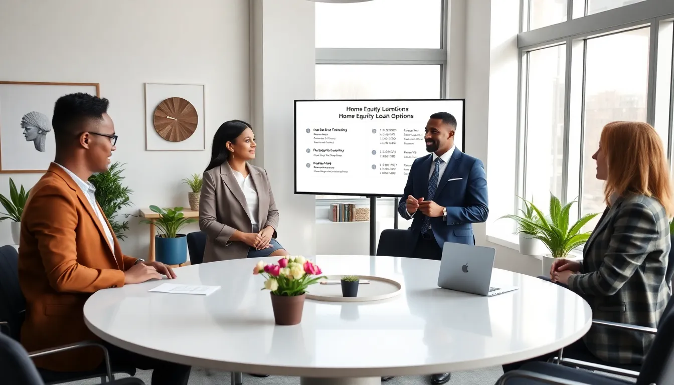 diverse homeowners discussing home equity loans in a modern office.