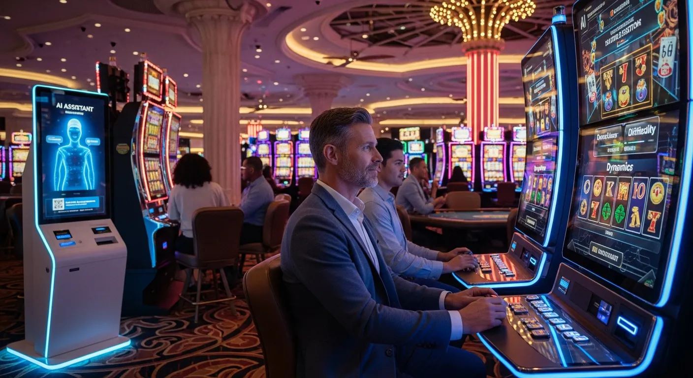 A player using an AI-powered slot machine in a vibrant Las Vegas casino.