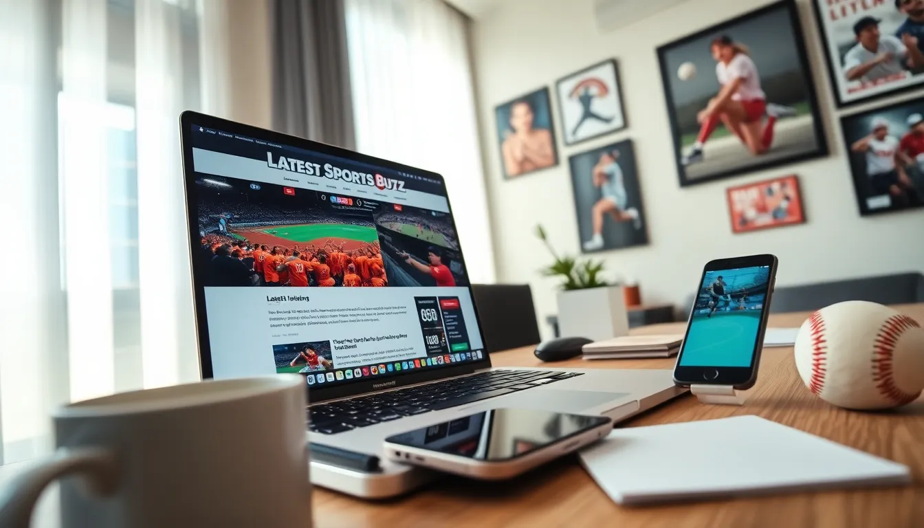 a laptop displaying sports news articles in a cozy workspace.