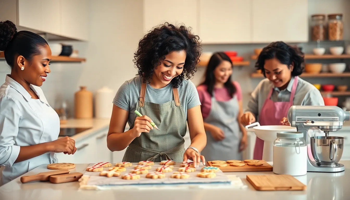 diverse bakers creating cookies in a modern, cheerful kitchen.