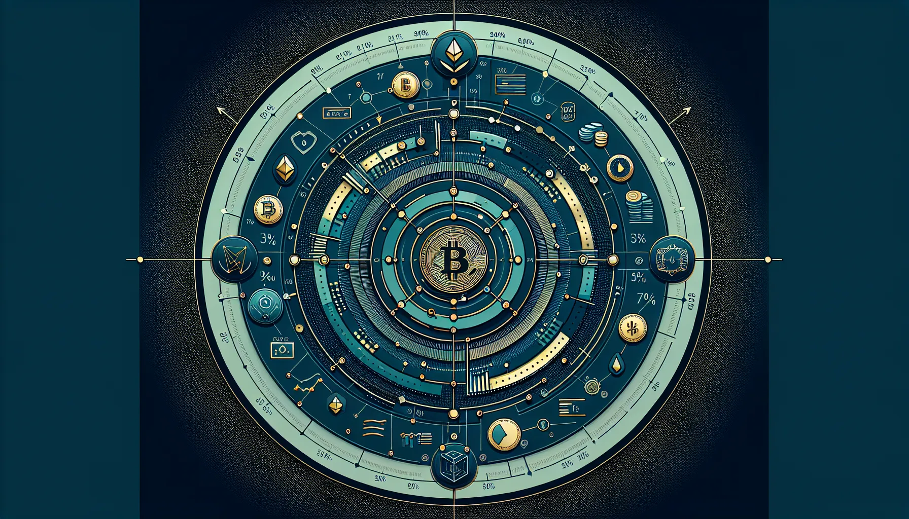 Circular infographic showing crypto portfolio tracking elements with interconnected segments and allocation symbols.