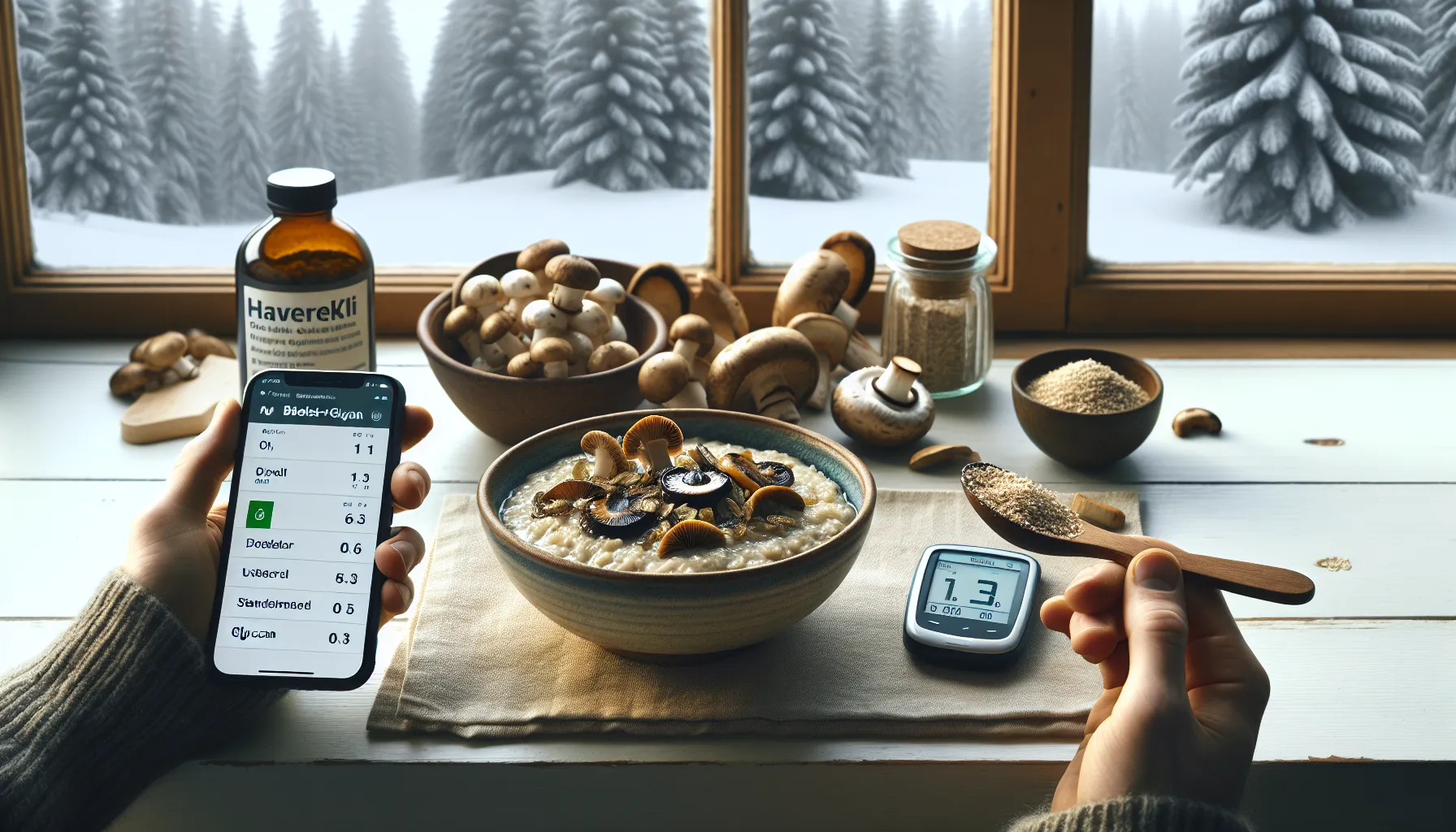 Norwegian porridge with oyster mushrooms beside ldl report and glucometer.