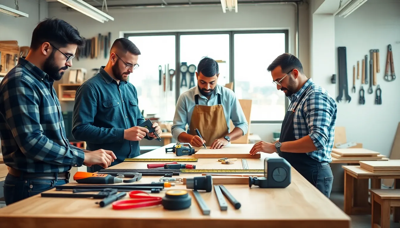 diverse craftsmen using measuring tools in a modern workshop.