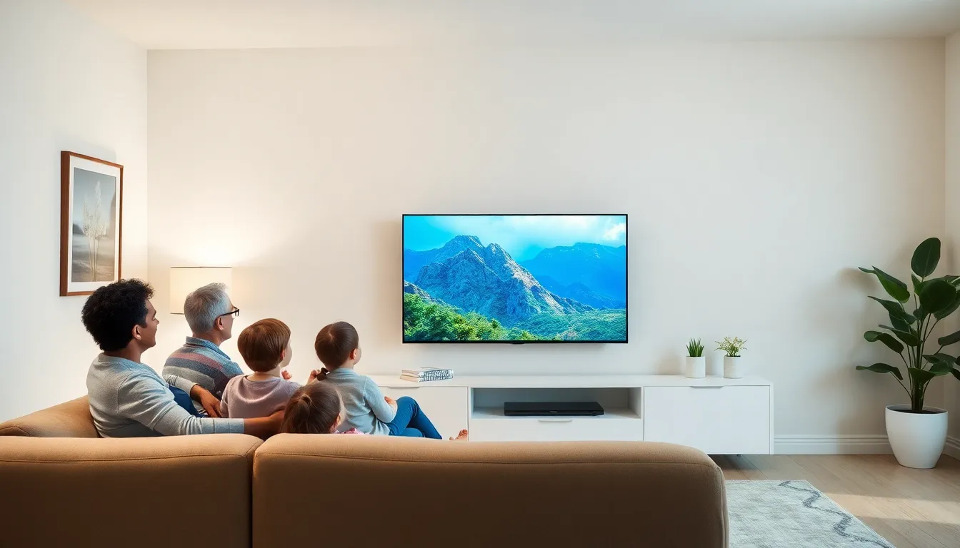 A family enjoying the Rimiot501 TV in a stylish living room.