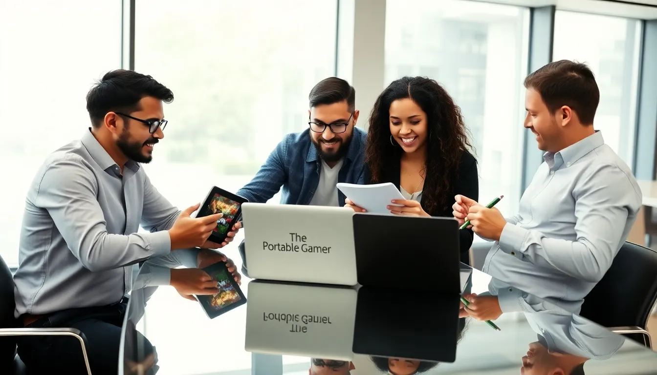 diverse gamers collaborating in a modern office setting.