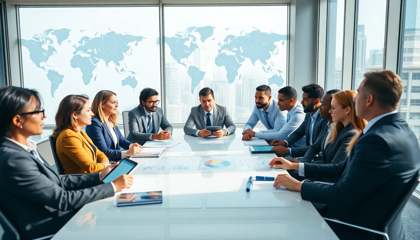 diverse team strategizing in a modern office for global business.