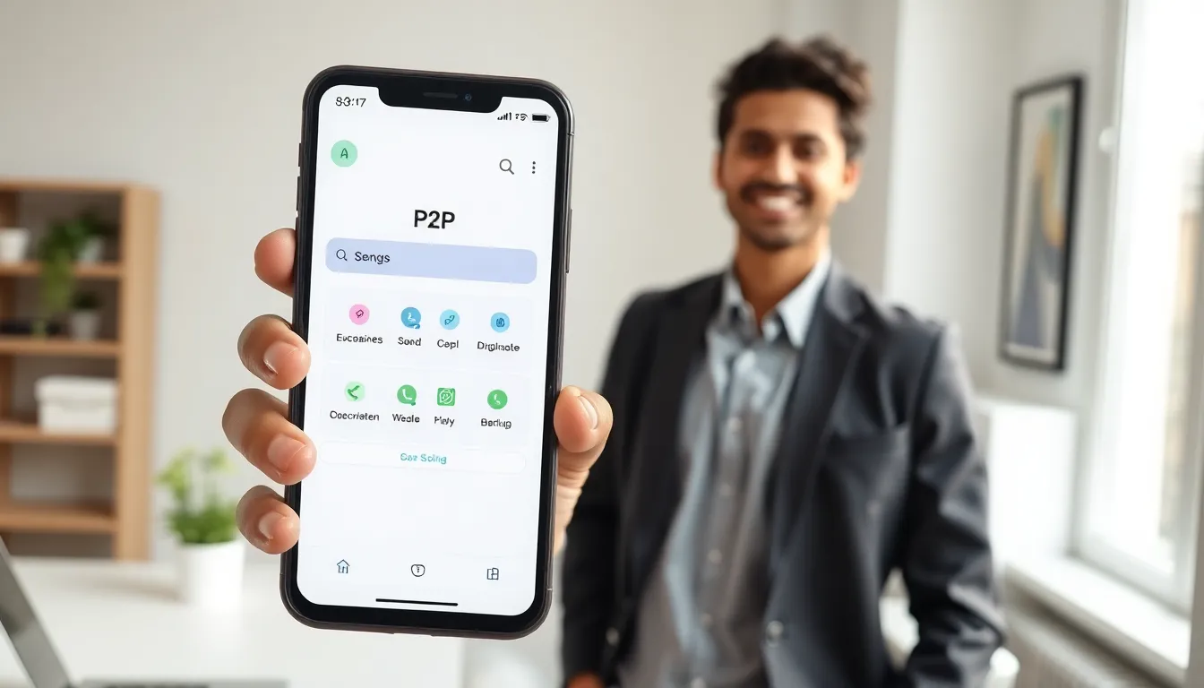 smartphone showing a P2P payment app in a bright home office.