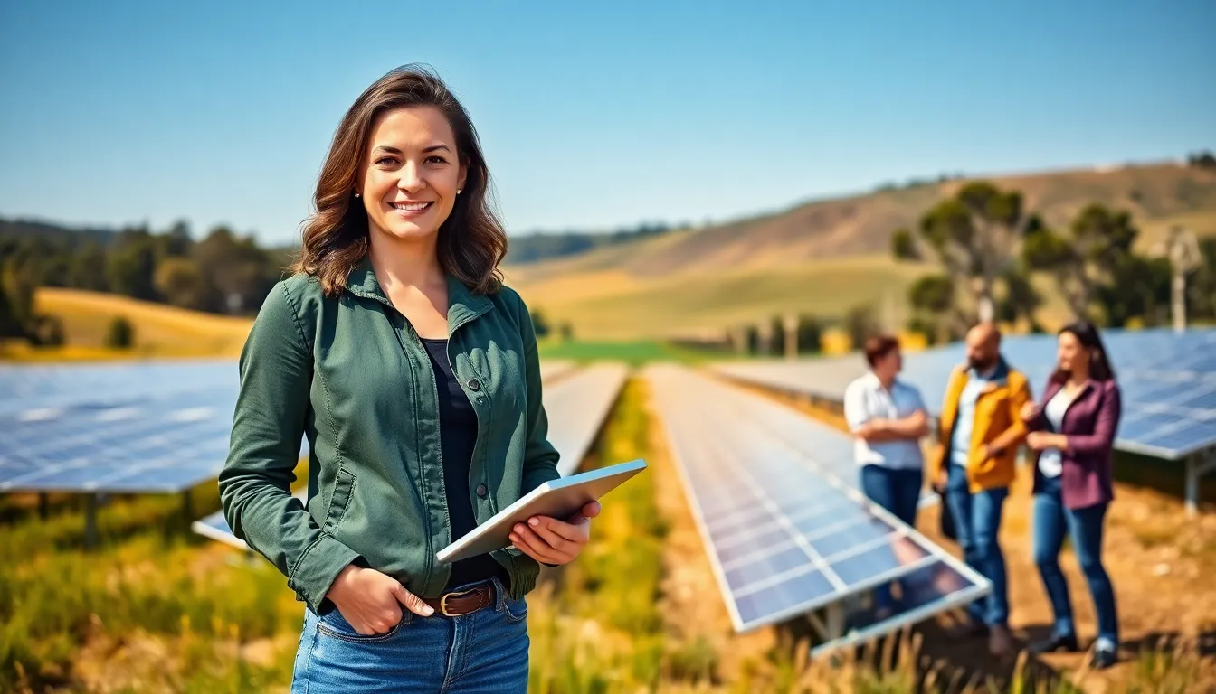 Naomi Bennett standing in front of a solar farm, holding a tablet.