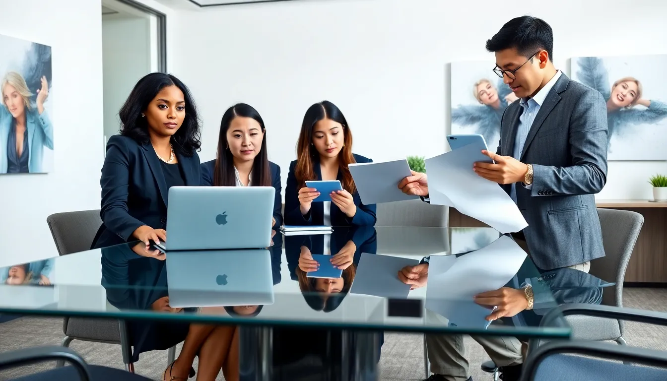 diverse team collaborating in a modern office meeting.
