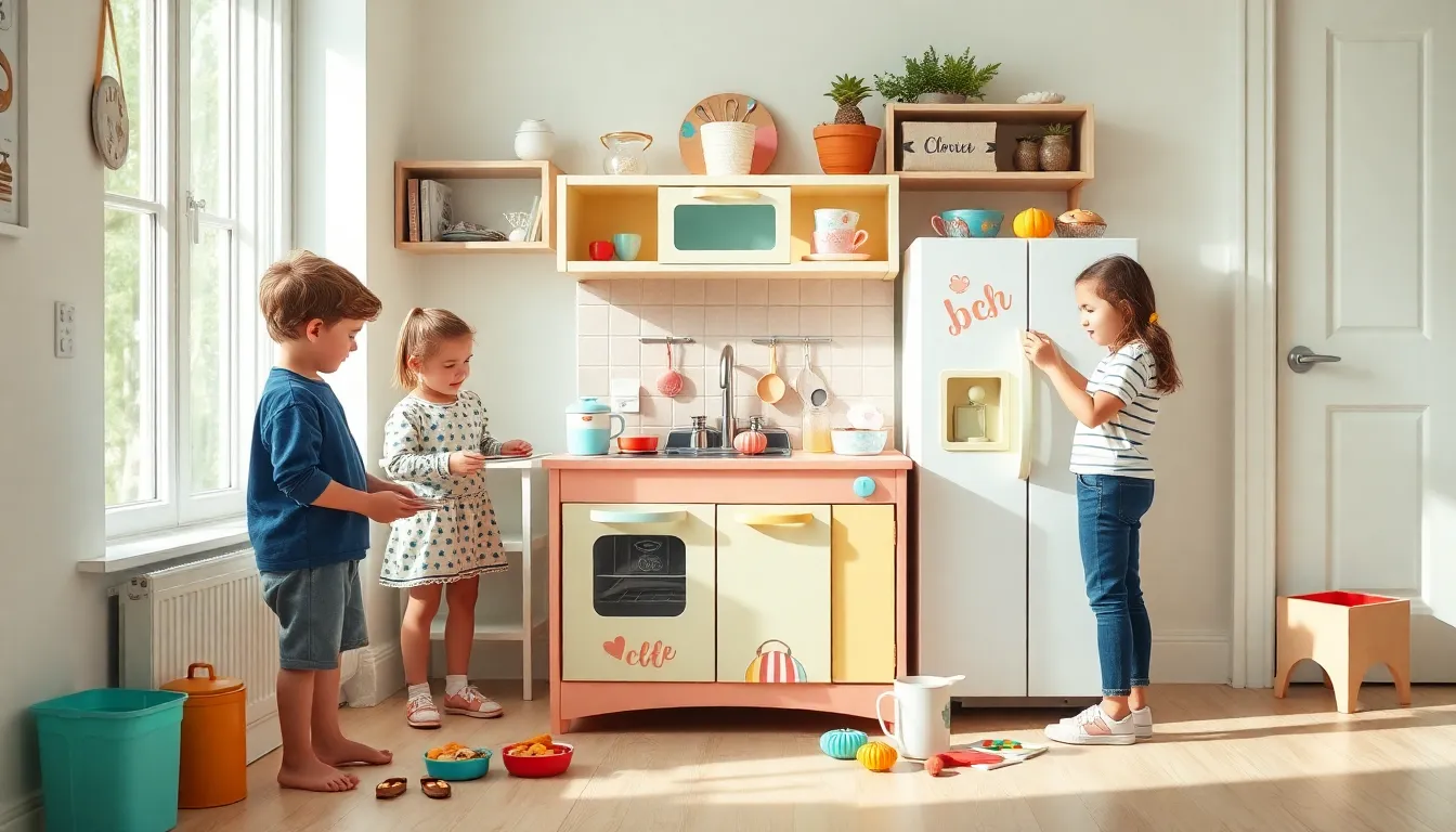 children playing together at a colorful early 2000s play kitchen.