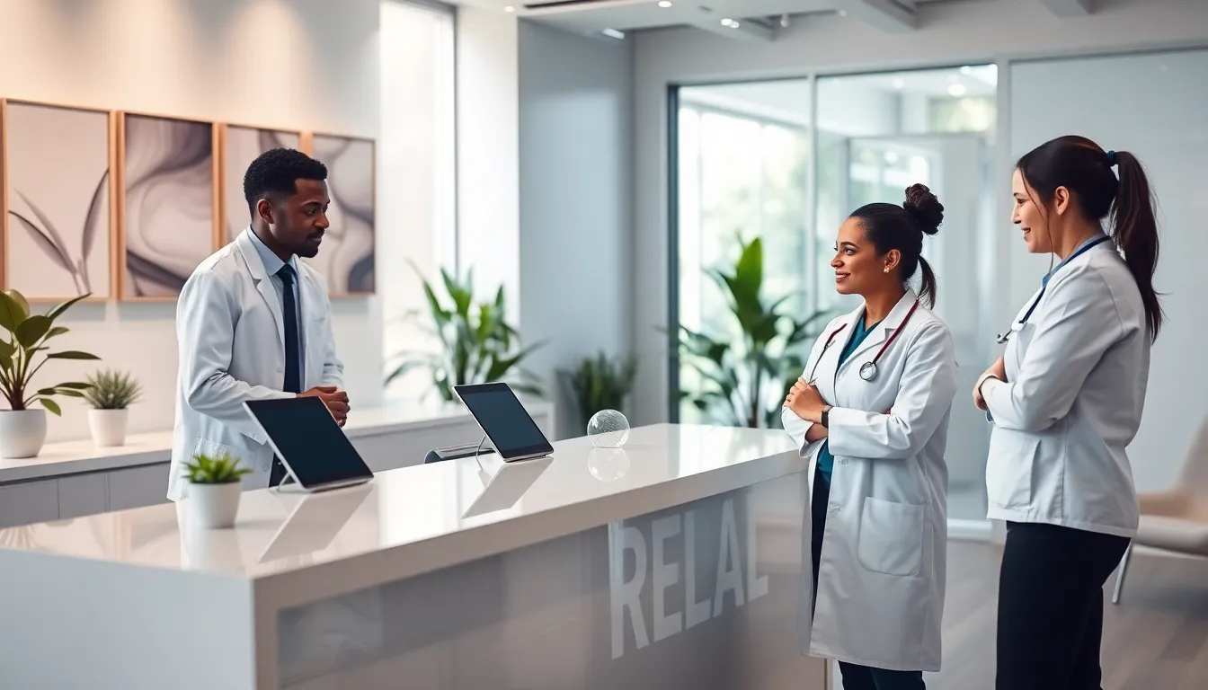 diverse healthcare team assisting a patient in a modern reception area.