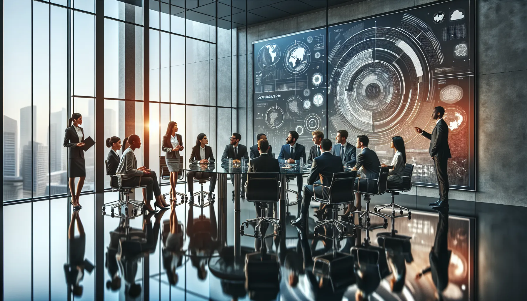 diverse professionals discussing in a modern office setting.